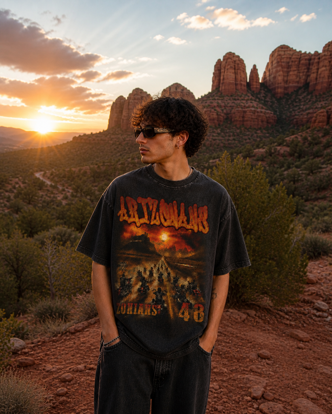 AZ Biker Graphic T-Shirt — Vintage Acid-Wash Streetwear